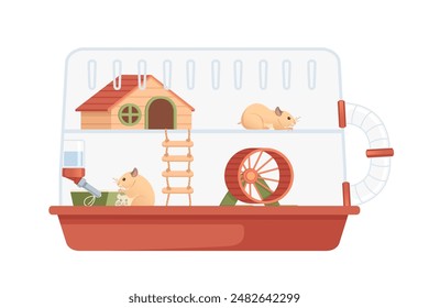 Transparent plastic hamster cage with small house, wheel and hanging drinker. Cute cartoon animal design vector illustration isolated on white background