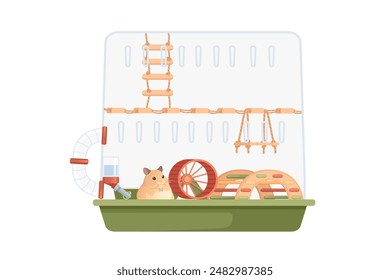 Transparent plastic hamster cage with small house, wheel and hanging drinker. Cute cartoon animal design vector illustration isolated on white background