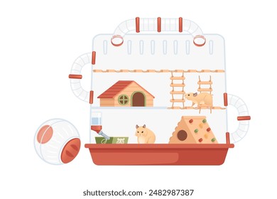 Transparent plastic hamster cage with small house, wheel and hanging drinker. Cute cartoon animal design vector illustration isolated on white background