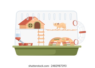 Transparent plastic hamster cage with small house, wheel and hanging drinker. Cute cartoon animal design vector illustration isolated on white background