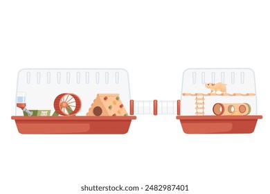 Transparent plastic hamster cage with small house, wheel and hanging drinker. Cute cartoon animal design vector illustration isolated on white background