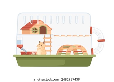 Transparent plastic hamster cage with small house, wheel and hanging drinker. Cute cartoon animal design vector illustration isolated on white background