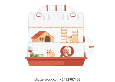 Transparent plastic hamster cage with small house, wheel and hanging drinker. Cute cartoon animal design vector illustration isolated on white background