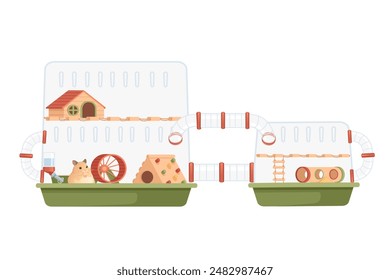 Transparent plastic hamster cage with small house, wheel and hanging drinker. Cute cartoon animal design vector illustration isolated on white background