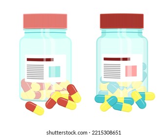 Transparent plastic, light blue amber glass bottles for medicines with red and blue pills or dragee vials closed with cap isolated vector illustrations. Pharmaceutical product packaging
