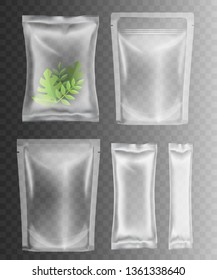 Transparent plastic packaging for food, spices, snacks, candy, other products. Different size clear bag mockups for branding and product merchandise - isolated vector illustration.