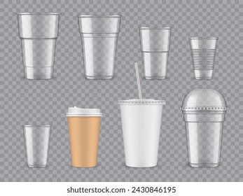 Transparent plastic and paper cups. Coffee, juice and tea takeaway beverage container types. Vector set of disposable mugs for hot drinks or cold beverage provide convenience for on-the-go consumption