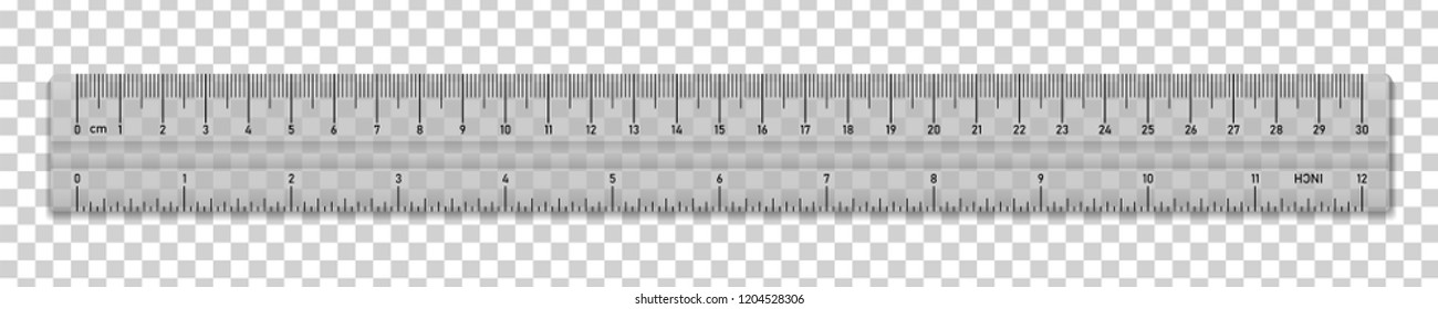Transparent plastic ruler isolated. Double sided measurement tool in cm and inches. Vector illustration
