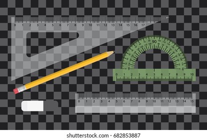 Transparent plastic ruler set. Measuring tool,pencil and eraser. Vector school supplies