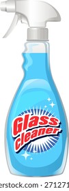 Garrafa de pulverização de plástico transparente com líquido azul, etiqueta em negrito, estilo vetorial limpo, fundo isolado