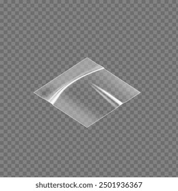 Transparent plastic sticker with a curved shape. Vector design of realistic crumpled adhesive tape in square shape. The mockup is ideal for creative design or packaging. Isolated background.