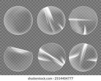 Transparent plastic sticker of round shape. Vector illustration of a set of realistic round stickers with smooth and curved edges. Layouts for designing labels or price tags. Isolated background.