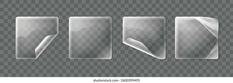 Transparent plastic sticker set - square wrinkled adhesive labels with peeled, lifted and folded corner effects. Blank glossy clear decals or price tags. Realistic 3d vector product design mockup.