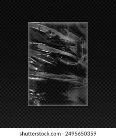 Transparent plastic vinyl wrap with torn and wrinkled texture on a dark checkered background. Vector illustration for packaging design, mockups, and overlays.