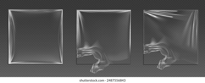 Envoltura de plástico transparente de vinilo entero y rasgado con arrugas y efecto superpuesto. Juego de Ilustración vectorial 3D realista de cubierta de paquete de cinta de polietileno con encogimiento y agujero. Estiramiento intacto y roto.