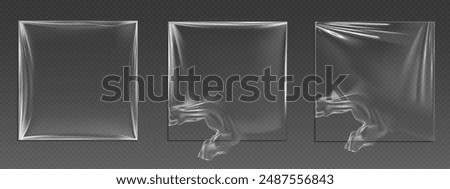 Transparent plastic vinyl wrap whole and torn with wrinkles and overlay effect. Realistic 3d vector illustration set of polyethylene tape pack cover with shrink and hole. Intact and broken stretch.