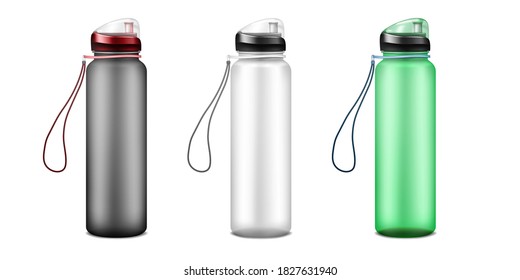 Transparent plastic water bottle with carry strap isolated on white background, vector mock-up. Sport fitness flask, template. Color set. Easy to recolor.