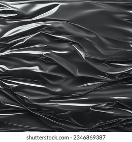 Transparent plastic wrap on the black background. Clean blank texture overlay effect template. Isolated wrinkle surface branding mock-up