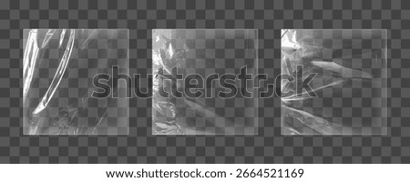 Transparent plastic wrap textures with wrinkles and folds - clear vinyl film overlay mockups. Glossy cellophane sheets with realistic creases and reflections. Packaging material design elements.