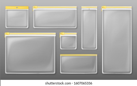 Transparent plastic zipper bags isolated on gray background. Vector set of empty clear pockets sealed by yellow ziplock. Realistic mockup of different size packets