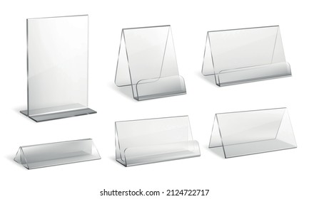 Transparent plexiglass empty holders for brochures and cards realistic set isolated on white background vector illustration