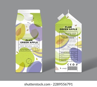 Transparent Plums, Green Apples. Slices and half of fruits. Template packaging design.