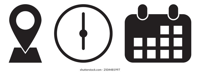 Transparent PNG available
Address location icon. Stopwatch timer icon. Date Calendar icon - Web icons set.