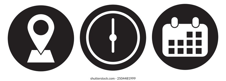 Transparent PNG available
Address location icon. Stopwatch timer icon. Date Calendar icon - Web icons set.