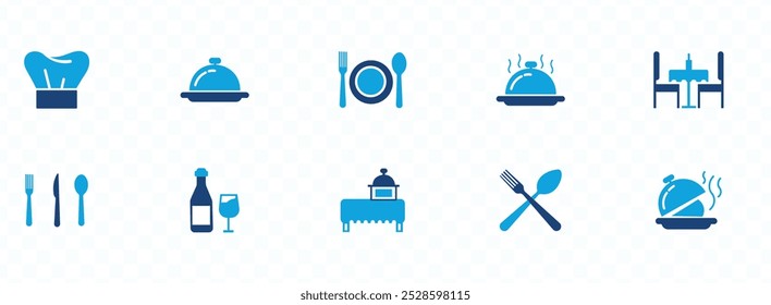 PNG transparente disponible
Conjunto de iconos de restauración. Contiene tenedor, cuchara, cuchillo, plato, cloche, bandeja, sombrero de chef, bebida, comida, mesa de comedor y camarero. Cubertería o vajilla en restaurante. Vector 