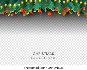 Transparent Or Png Background Decorated With Lighting Garland, Green Leaves, Red Berries And Pine Cones Illustration. Christmas Celebration Concept.