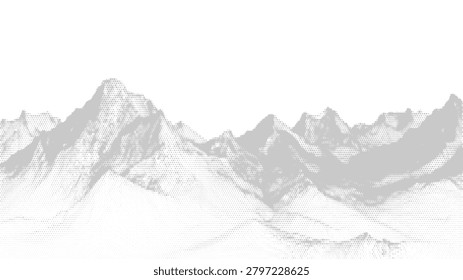 Transparent png overlay of black and silver stippled mountain range with grainy grunge texture and halftone noise effect. Abstract pointillism style landscape with peak terrain and fading rocky retro