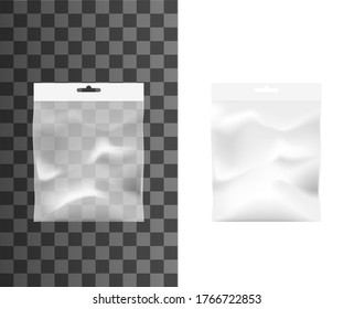 Transparent Pocket, Plastic Bag Isolated Vector Mockup. Realistic 3d Clear Pouch Template, Wrap For Food, Snack Or Medicine. Disposable Nylon Or Cellophane Package With Ziplock And Hang Slot Mock Up