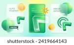 Transparent presentation screen in Glassmorphism style with realistic 3D triangle shape cursor, loading icon and spheres. Mate glass arrow with blur effect. Vector UI set with glass overlay effect.
