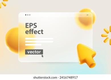 Transparent presentation screen in Glassmorphism style with realistic 3D cursor, loading icon and spheres. Mate glass arrow with blur effect. UI set with glass overlay effect. Vector cartoon art.