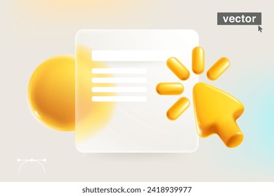 Transparenter Präsentationsbildschirm im Glassmorphismus-Stil mit realistischem 3D-Cursor, Ladesymbol und Kugeln. Pate-Glas-Pfeil mit unscharfer Wirkung. UI-Set mit Glas-Overlay-Effekt. Vektorkunst.