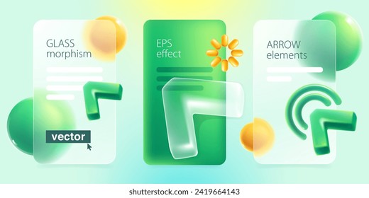 Transparent presentation screen in Glassmorphism style with realistic 3D triangle shape cursor, loading icon and spheres. Mate glass arrow with blur effect. Vector UI set with glass overlay effect.