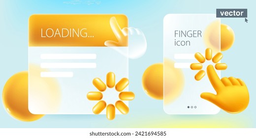 Transparent presentation screen in Glassmorphism style with computer hand shape cursor, loading icon and spheres. 3D mate glass, finger point, blur effect. UI set with overlay effect. Vector cartoon.