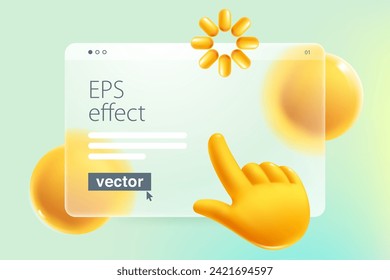 Transparent presentation screen in Glassmorphism style with computer hand shape cursor, loading icon and spheres. 3D mate glass, finger point, blur effect. UI set with overlay effect. Vector cartoon.