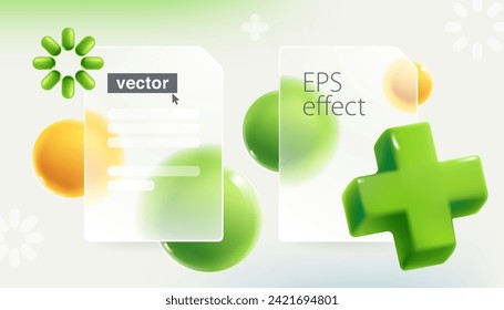 Transparent presentation screen in Glassmorphism style with realistic 3D green add, plus, medical cross, loading icon and spheres. Mate glass arrow with blur effect. Vector UI with glass overlay.