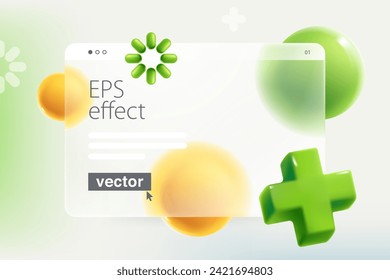 Transparent presentation screen in Glassmorphism style with realistic 3D green add, plus, medical cross, loading icon and spheres. Mate glass arrow with blur effect. Vector UI with glass overlay.