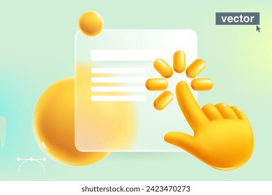 Transparent presentation screen in Glassmorphism style with computer hand shape cursor, loading icon and spheres. 3D mate glass, finger point, blur effect. UI set with overlay effect. Vector cartoon.