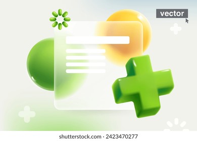 Transparent presentation screen in Glassmorphism style with realistic 3D green add, plus, medical cross, loading icon and spheres. Mate glass arrow with blur effect. Vector UI with glass overlay.