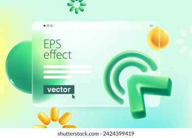 Transparent presentation screen in Glassmorphism style with realistic 3D triangle shape cursor, loading icon and spheres. Mate glass arrow with blur effect. Vector UI set with glass overlay effect.