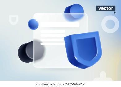 Transparent presentation screen in Glassmorphism style with realistic 3D blue security shield. Plastic cartoon. Vector for defense app, antivirus protection, privacy banner, data access, online safety