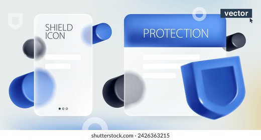 Transparent presentation screen in Glassmorphism style with realistic 3D blue security shield. Plastic cartoon. Vector for defense app, antivirus protection, privacy banner, data access, online safety - Powered by Shutterstock - Get 15% off with code: PIKWIZARD15