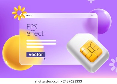 Pantalla de presentación transparente en estilo Glassmorphism con tarjeta SIM de teléfono móvil con chip de oro. Caricatura de plástico. Vector para banner de aplicación de telecomunicaciones en línea, contraseña de pago NFC, red inalámbrica.