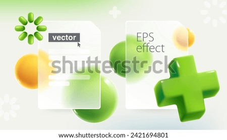 Transparent presentation screen in Glassmorphism style with realistic 3D green add, plus, medical cross, loading icon and spheres. Mate glass arrow with blur effect. Vector UI with glass overlay.