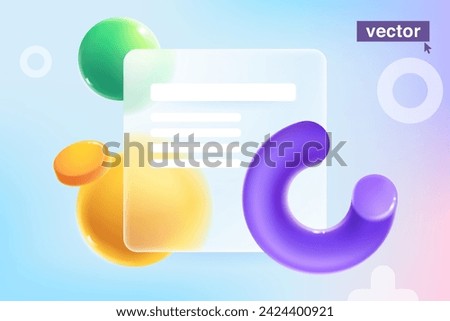 Transparent presentation screen in Glassmorphism style with realistic 3D loading indicator in volume semicircle line, flying golden coins and spheres. Infographic progress bar in plastic cartoon style