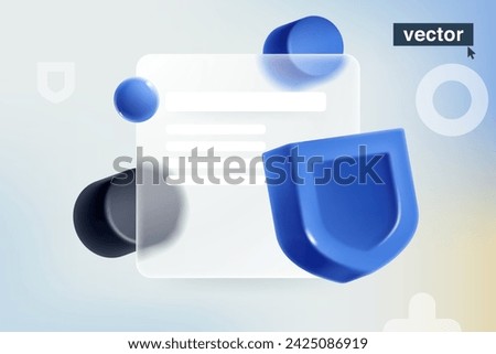 Transparent presentation screen in Glassmorphism style with realistic 3D blue security shield. Plastic cartoon. Vector for defense app, antivirus protection, privacy banner, data access, online safety