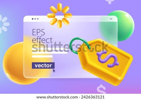 Transparent presentation screen in Glassmorphism style with realistic 3D Sale label tag with dollar symbol, ribbon, loading icon and spheres. Mate glass with blur effect. Transparent plastic kit.